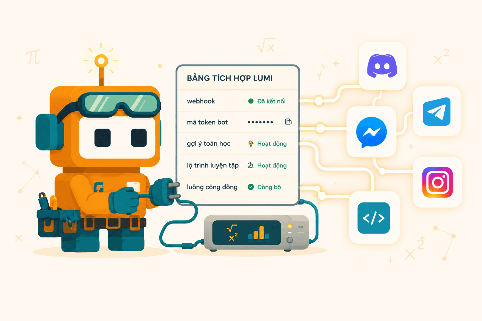 Robot Lumi cầm phích cắm kết nối tới bảng tích hợp với các kênh Discord, Telegram, Messenger và Instagram